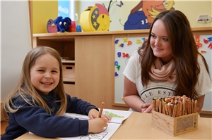 Kinderbetreuung Ein Kind mit einer Betreuerin beim Malen